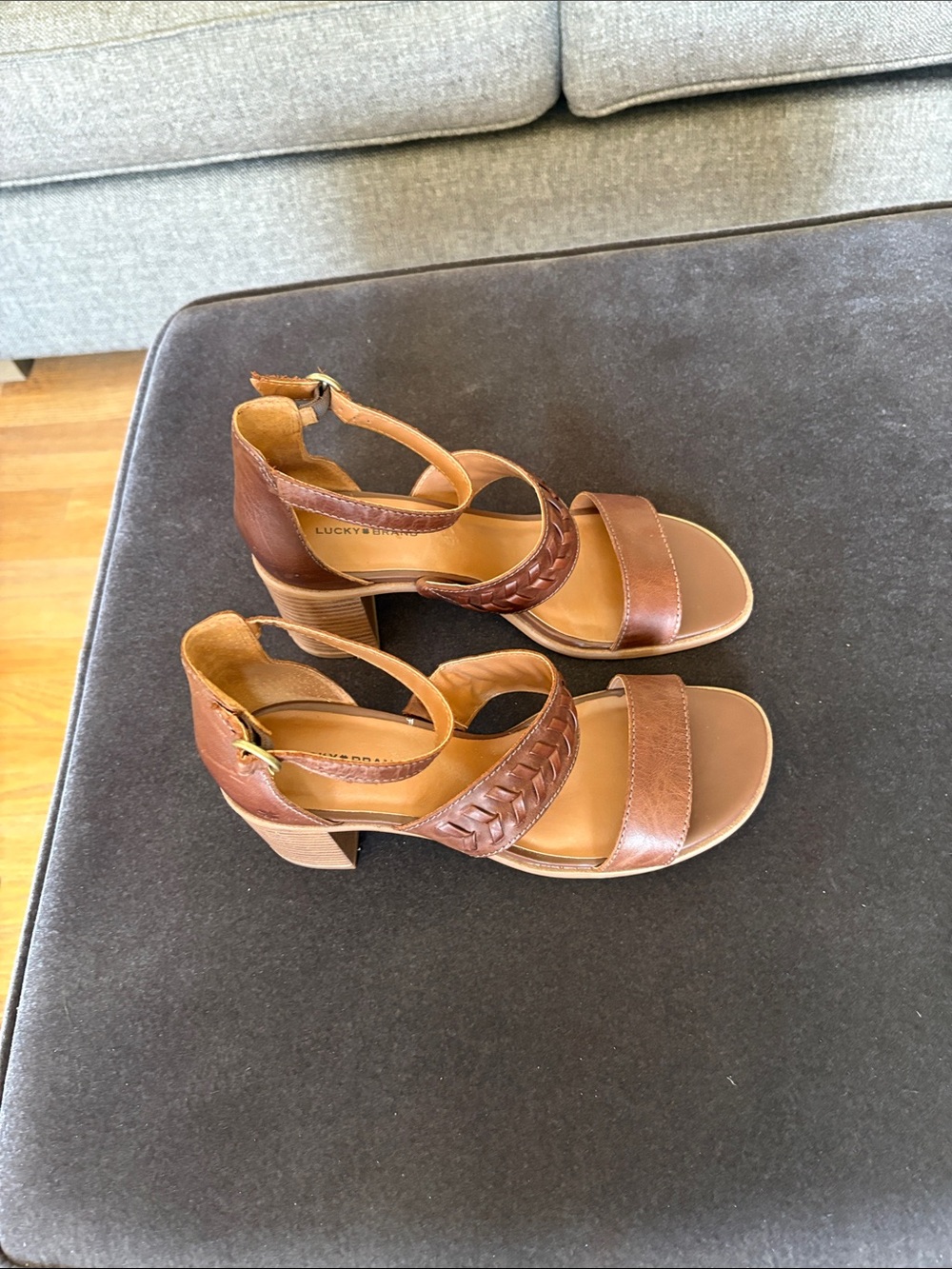 Lucky Brand Cognac Braided Leather Block Heel Sandals - Picture 3 of 9